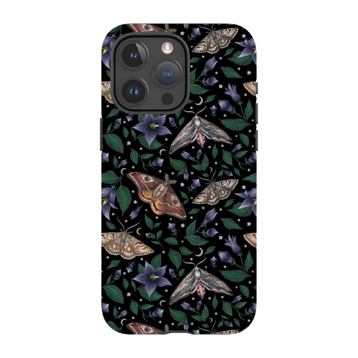 iPhone tough case with a black background featuring a moth and purple flower pattern by Catherine Rowe.