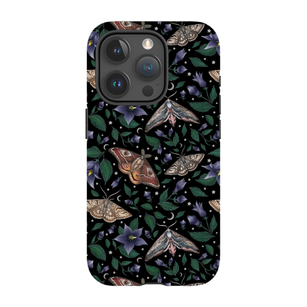 iPhone tough case featuring a black background with detailed moth, purple flower, and star illustrations.