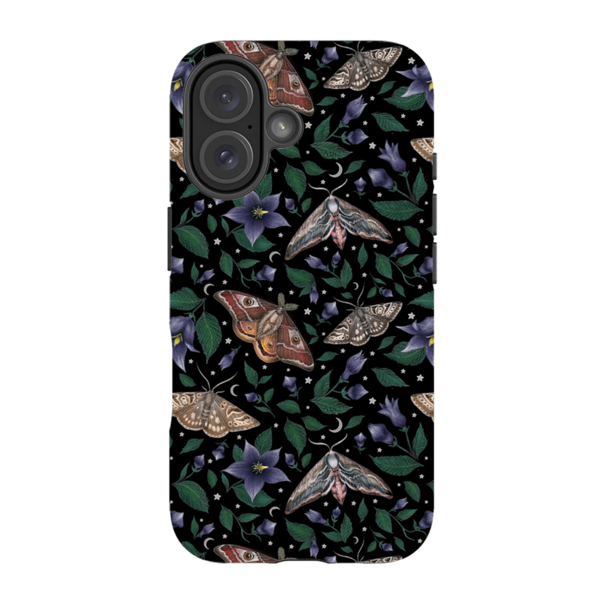 iPhone tough case featuring a black background with detailed moth, purple flower, and star illustrations.