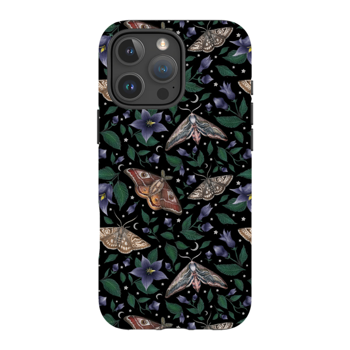 iPhone tough case with a black background, featuring Catherine Rowe moth and purple flower botanical art.