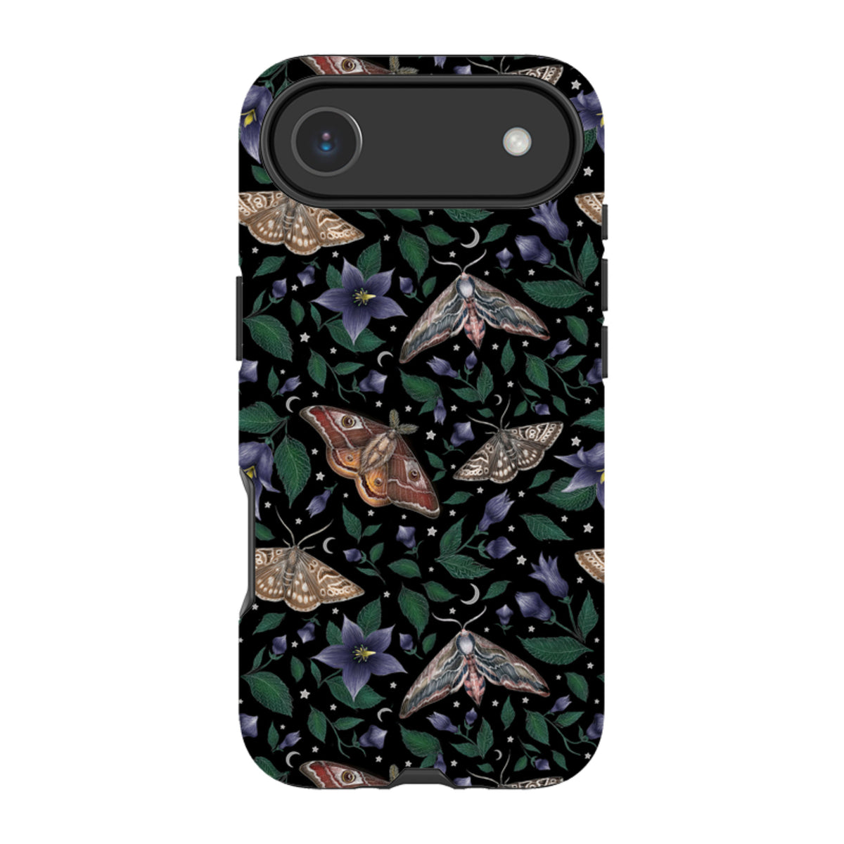 iPhone tough case featuring a black background with intricate moth, purple flower, and star illustrations.