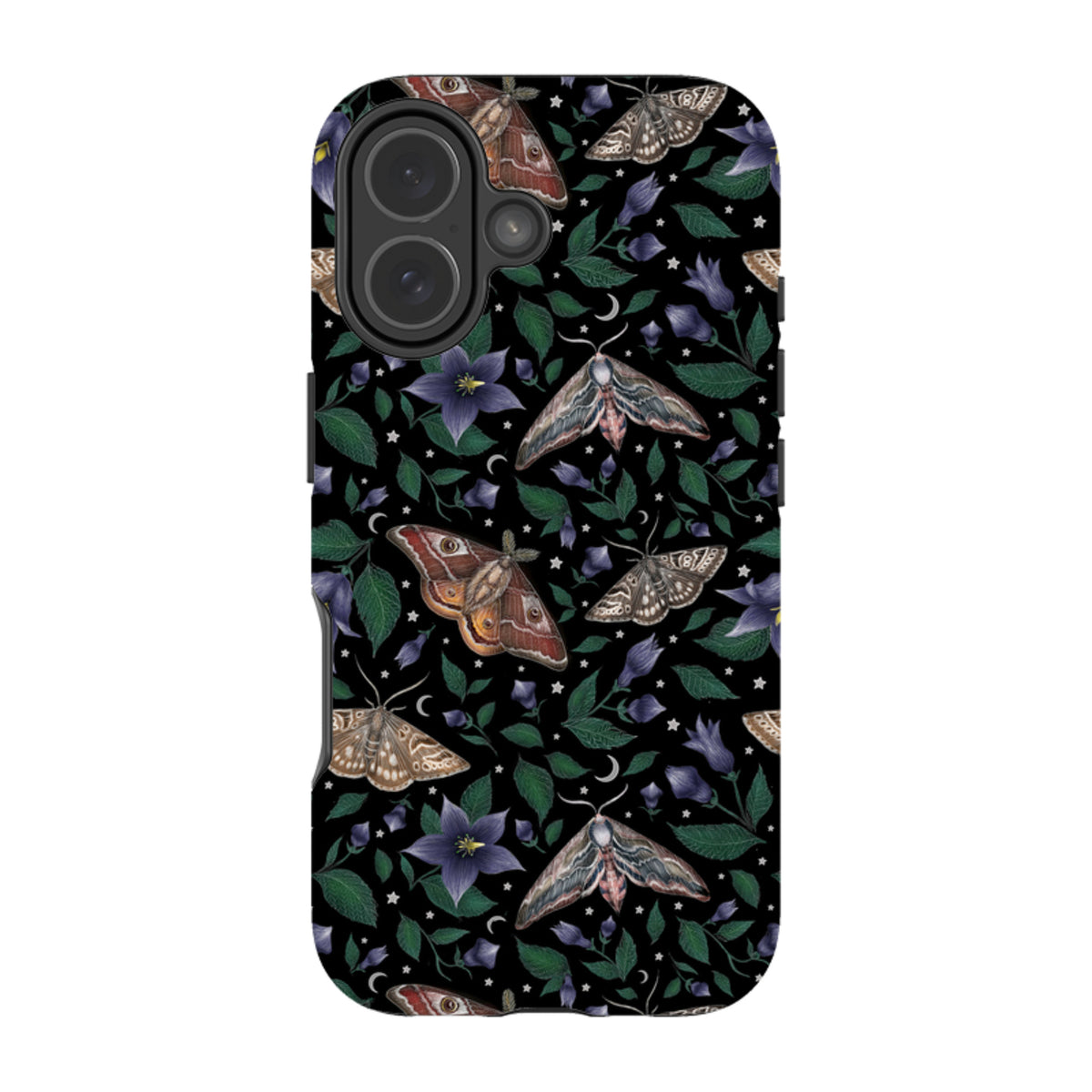 iPhone tough case with a black background featuring Catherine Rowe's moth and purple flower pattern with dual-layer design.