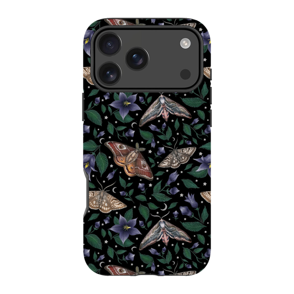 iPhone tough case featuring a black background with detailed moth, purple flower, and star illustrations.