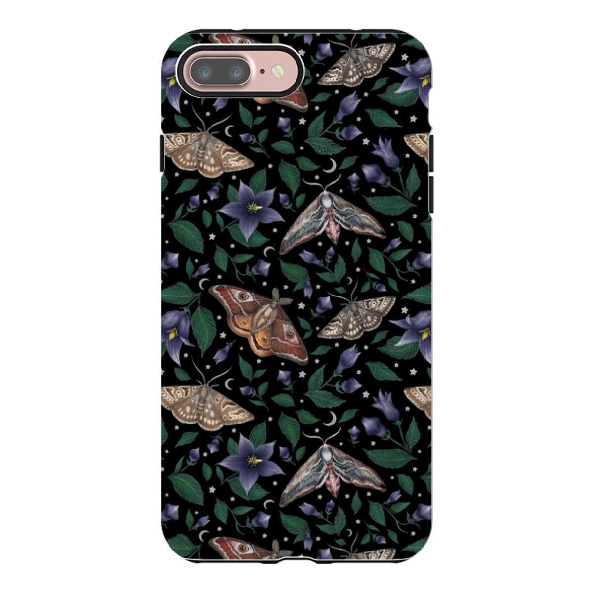 Dual-layer iPhone tough case featuring a black background with detailed moth, purple flower, and leaf illustrations.