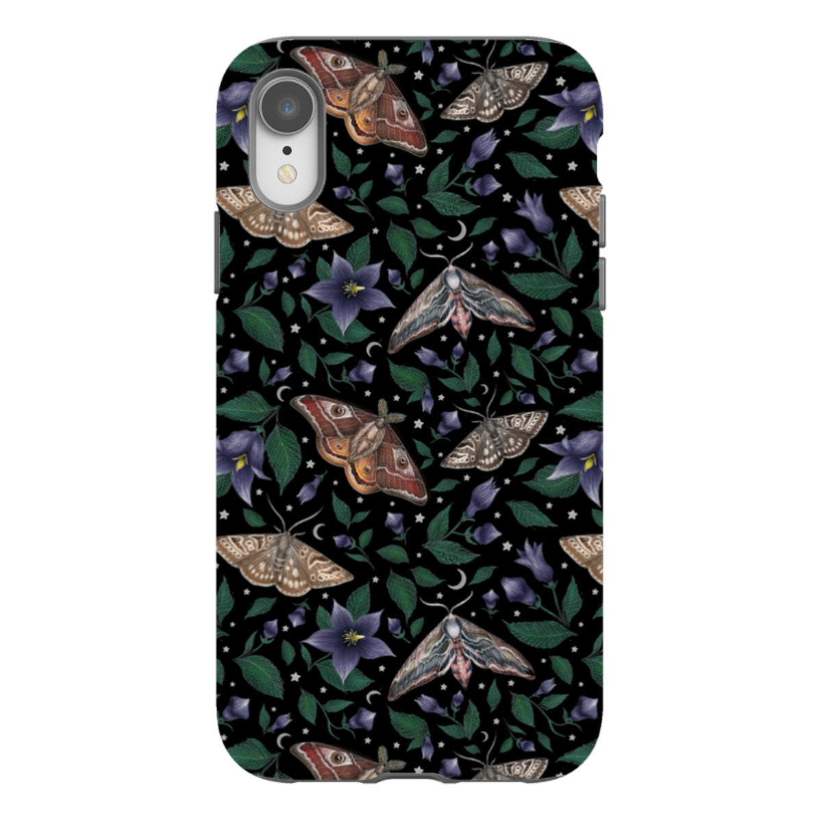 iPhone tough case featuring a black background with a detailed moth, purple flower, and star pattern by Catherine Rowe.