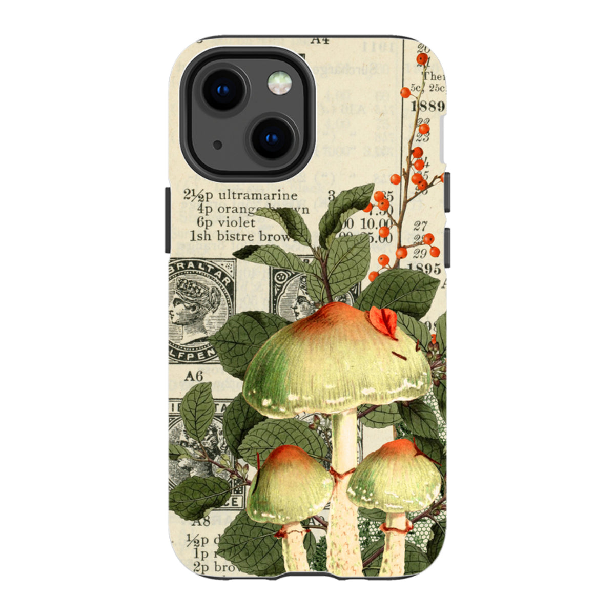 iPhone tough case featuring vintage botanical mushroom art, green foliage, and postage stamp collage background.