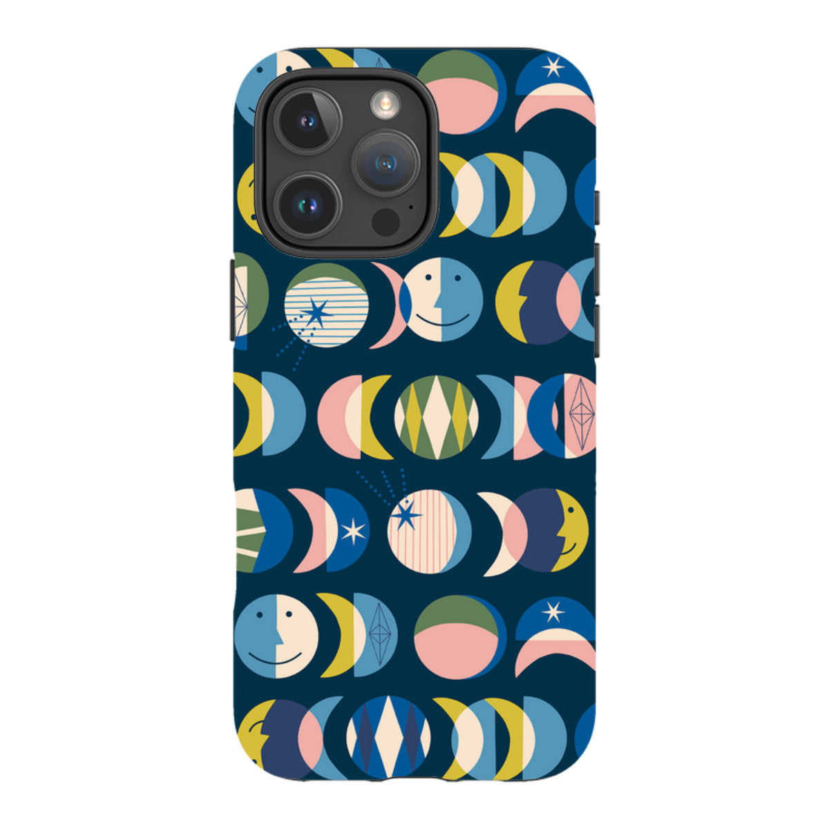 iPhone tough case with a dark blue Mystic Moon pattern featuring colorful geometric moon phases and stars.