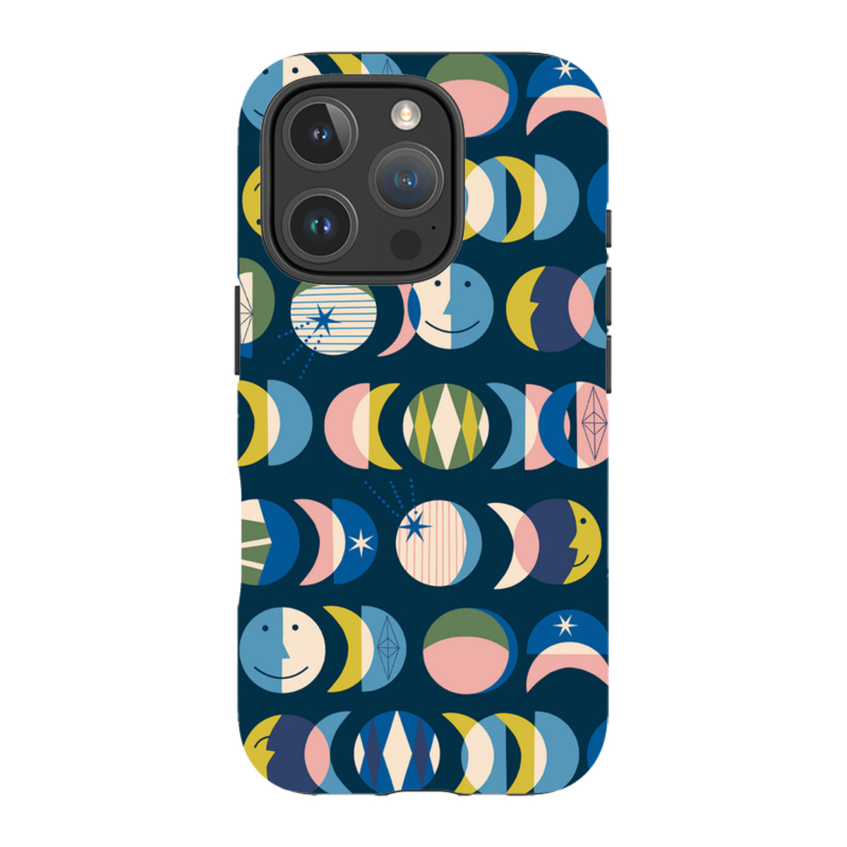 iPhone tough case with a dark blue background featuring a colorful, geometric moon phase pattern by Ali Brookes.