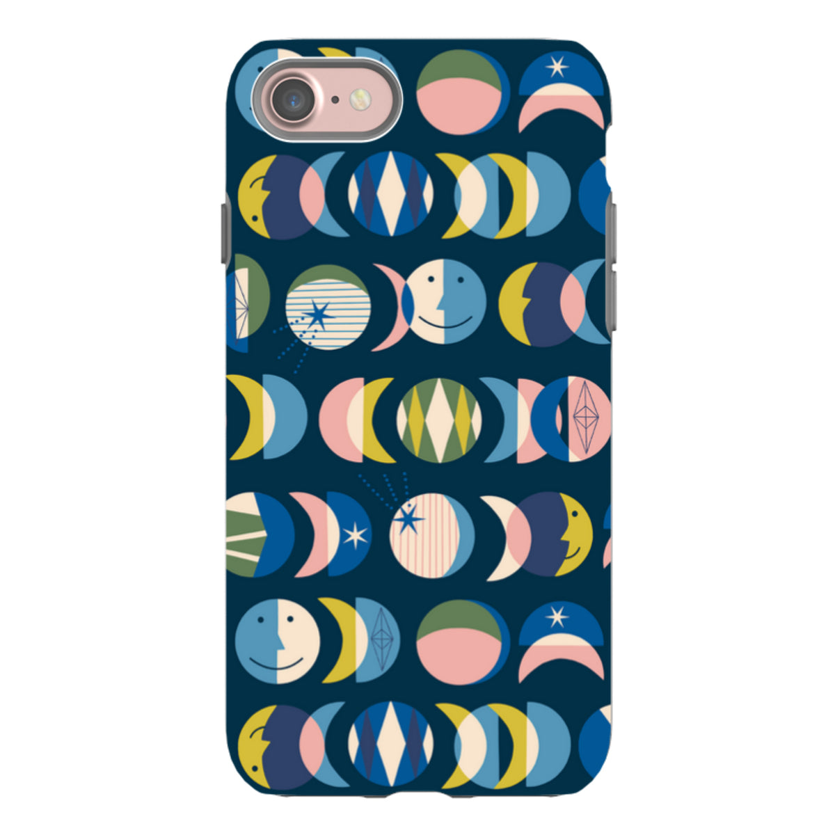 iPhone tough case with a dark blue background featuring a colorful, geometric moon phase pattern by Ali Brookes.