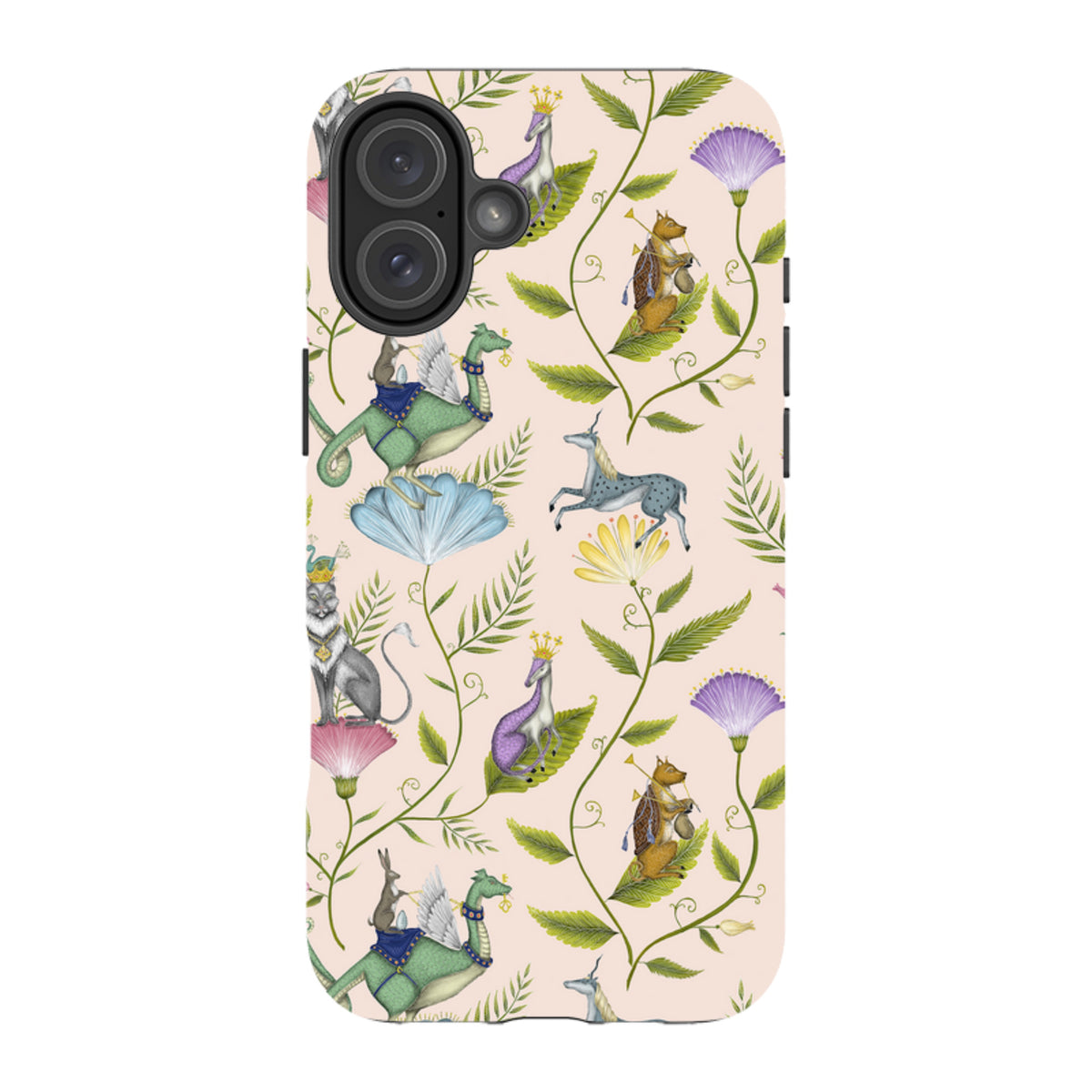Dual-layer iPhone tough case featuring Catherine Rowe’s Mythicon pattern of whimsical creatures and flowers on a pale pink.