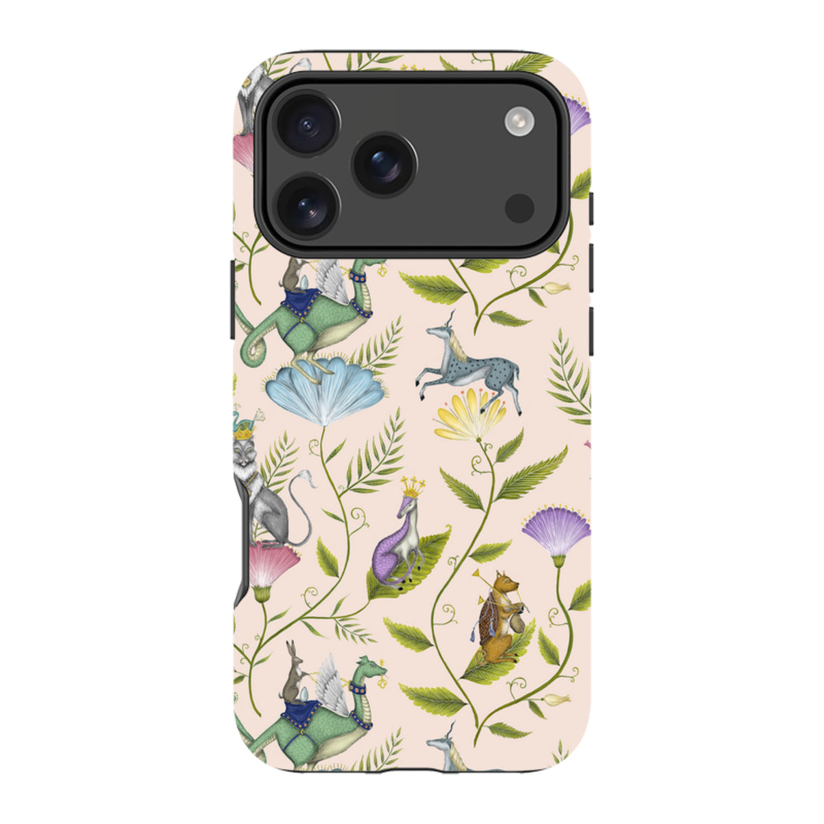 iPhone Tough Case featuring Catherine Rowe’s Mythicon print with whimsical mythical creatures on a soft pink background.