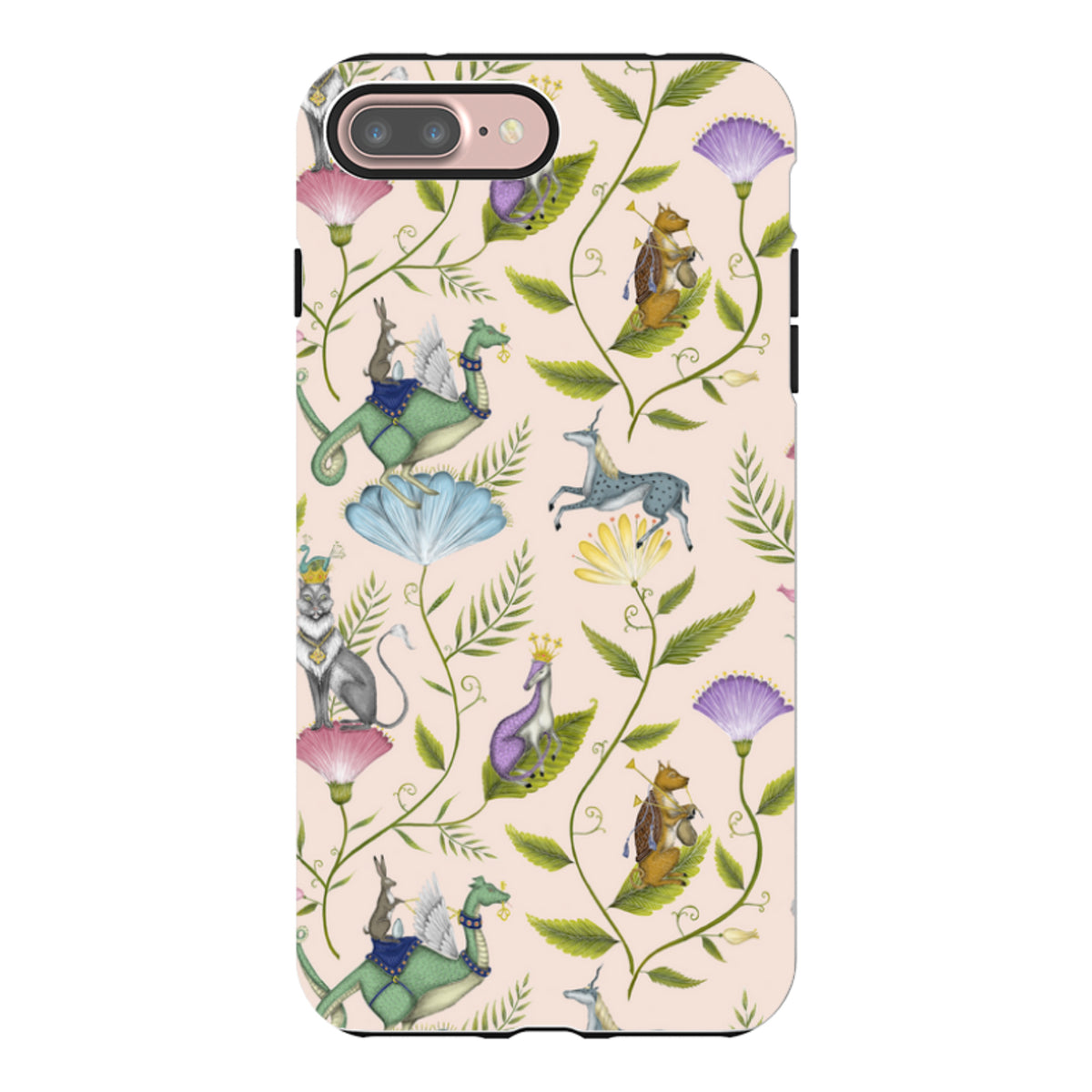 iPhone Tough Case featuring Mythicon artwork with whimsical creatures, floral patterns, and a dual-layer protective design.
