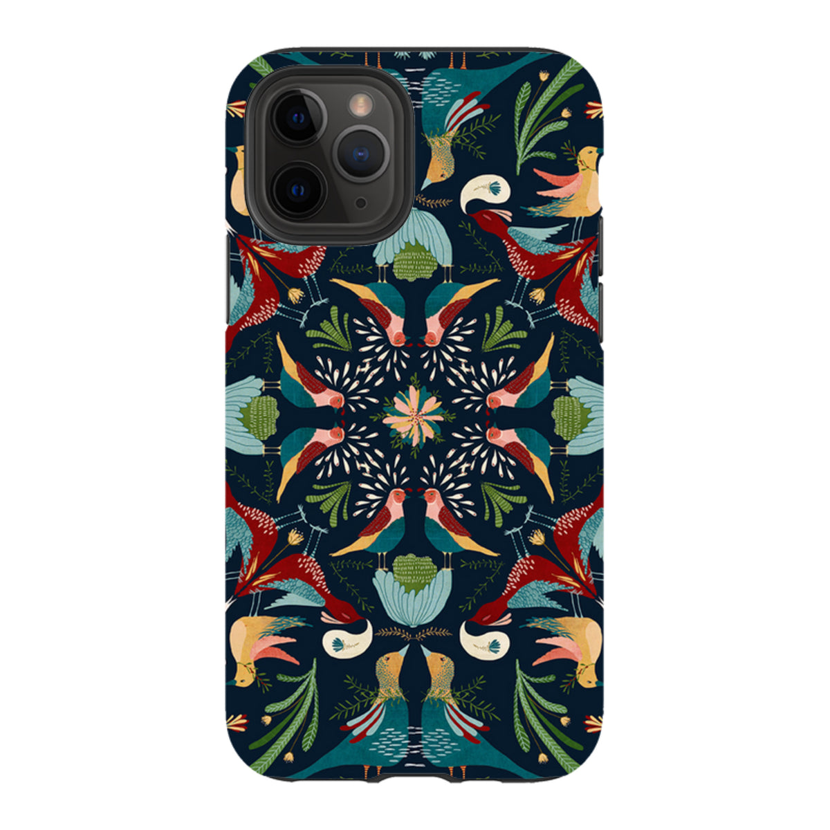 Navy blue iPhone tough case featuring Katherine Quinn’s symmetrical folk art bird and floral pattern in vibrant colors.