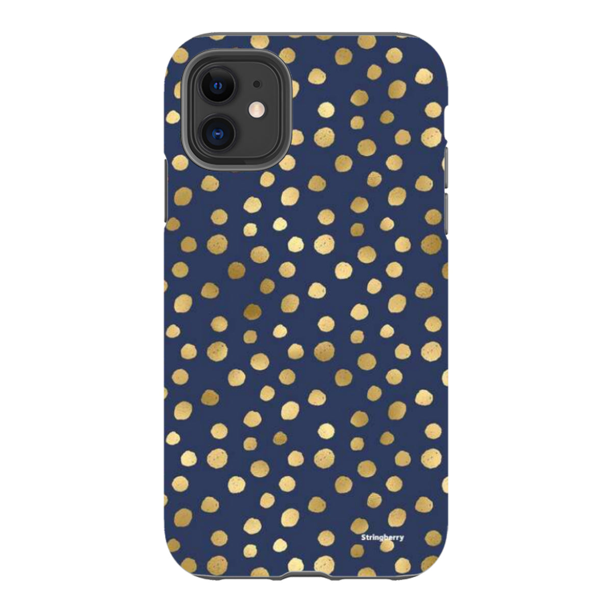 Navy blue iPhone tough case featuring a gold polka dot pattern with a dual-layer design and precise camera cutouts.