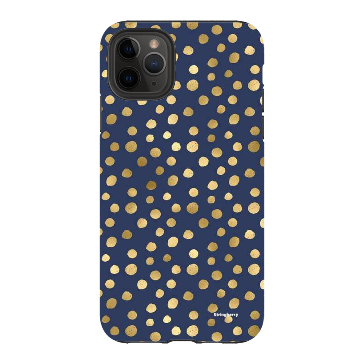 Navy blue iPhone tough case featuring a gold polka dot pattern with a durable dual-layer design and precise camera cutouts.
