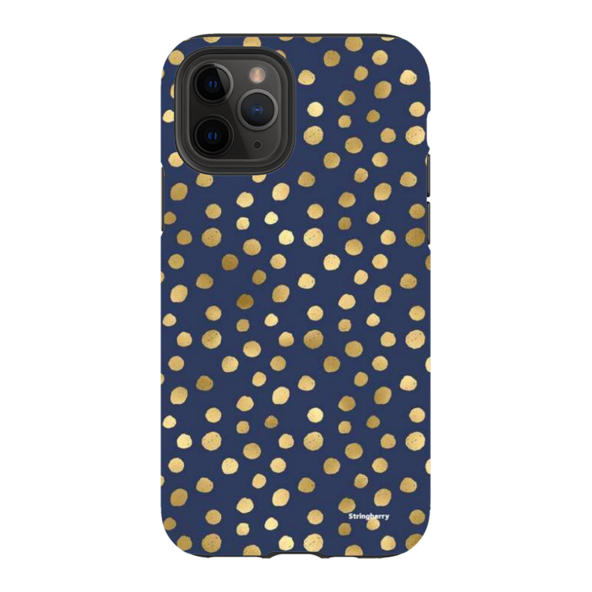Navy blue iPhone tough case featuring a gold polka dot pattern with a durable dual-layer protective design.