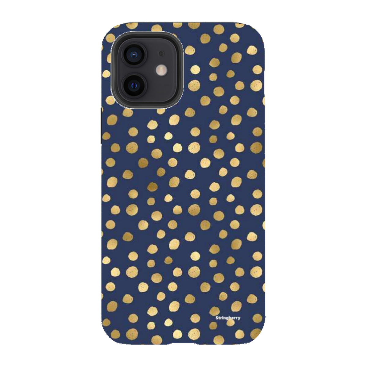 Navy blue iPhone tough case featuring a gold polka dot pattern with a dual-layer protective design and camera cutout.