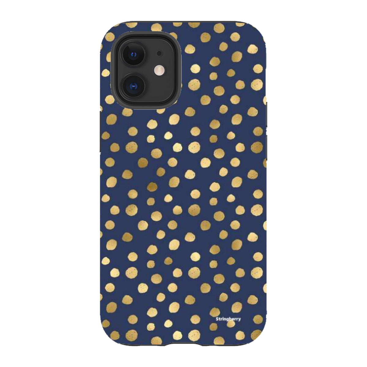 Navy blue iPhone tough case featuring a gold polka dot pattern with dual-layer protection and precise camera cutouts.