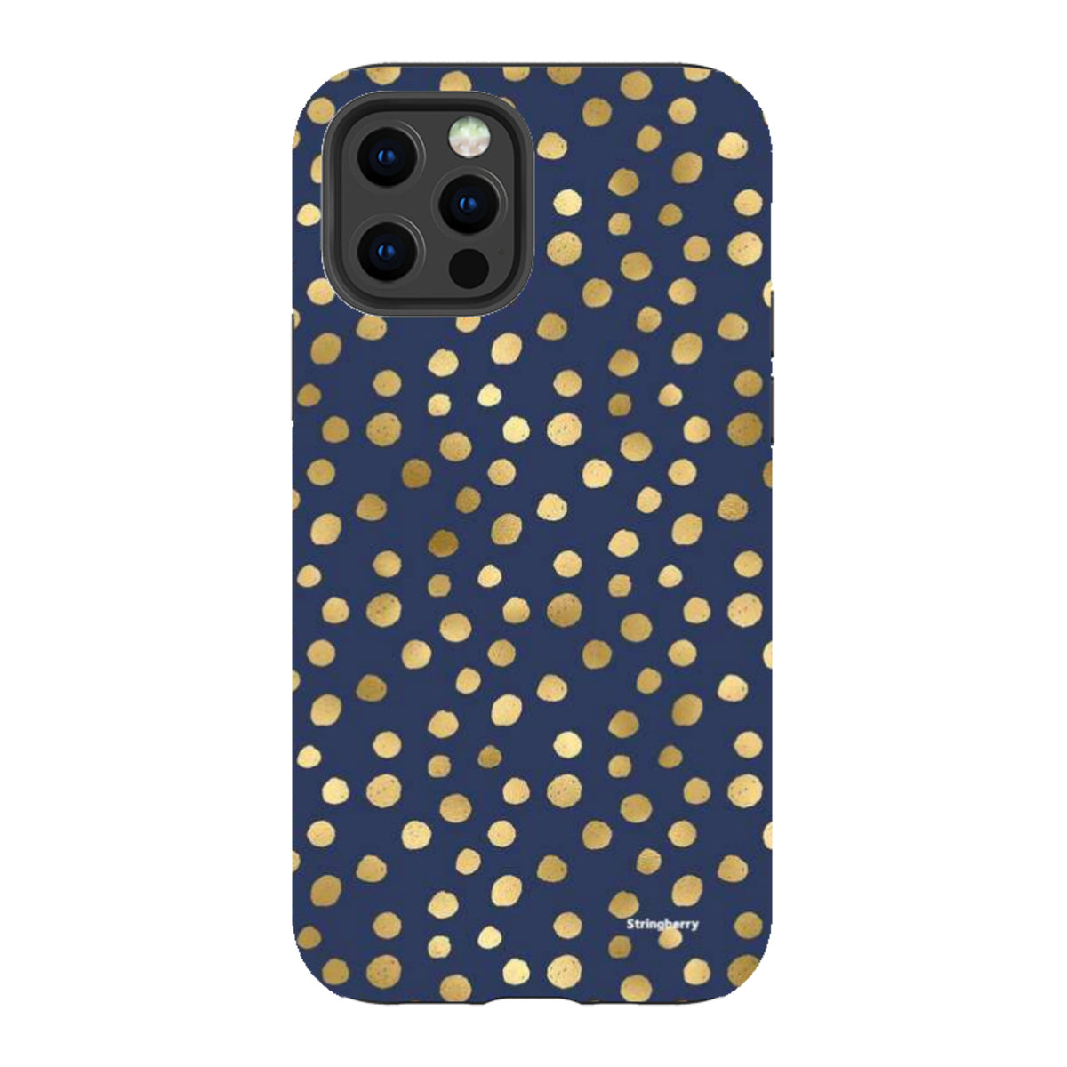 Navy blue iPhone tough case featuring a gold polka dot pattern with a durable dual-layer design and camera protection.
