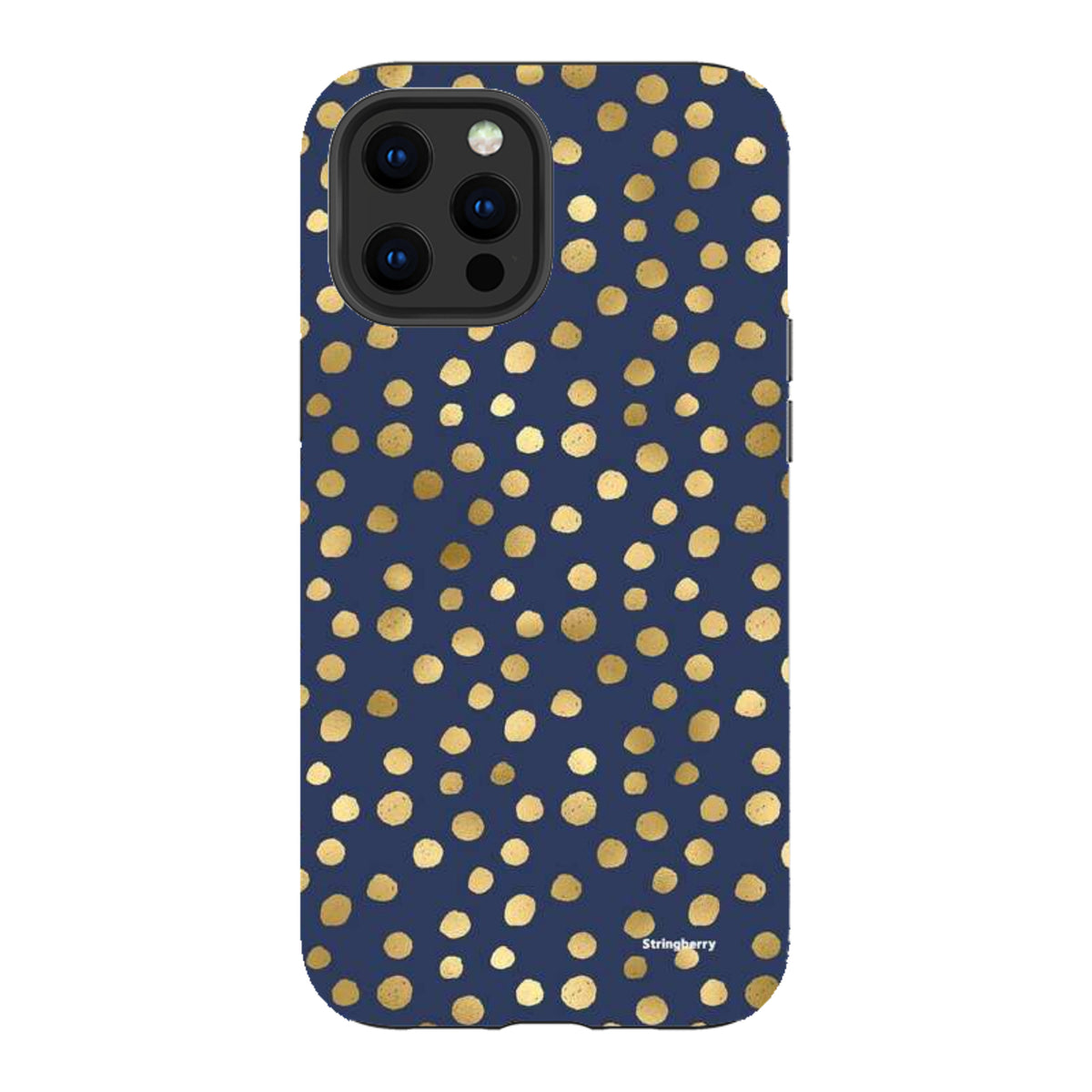 Navy blue iPhone tough case featuring a gold polka dot pattern with a durable dual-layer design and camera protection.
