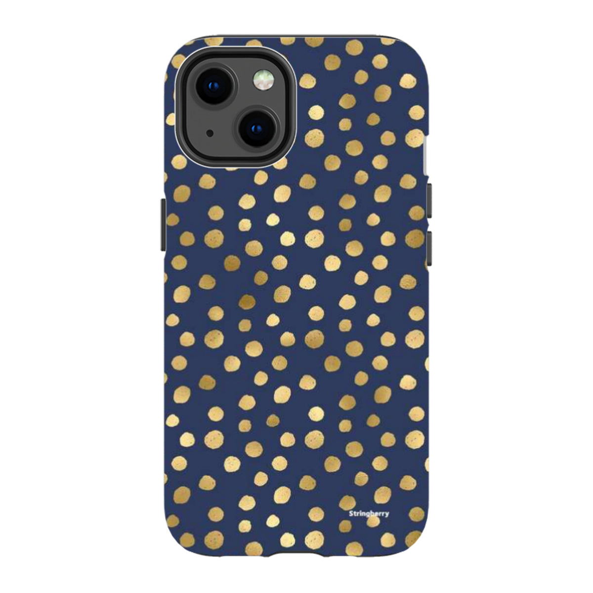 Navy blue iPhone tough case featuring a gold polka dot pattern with a dual-layer protective design and precise camera cut-outs.