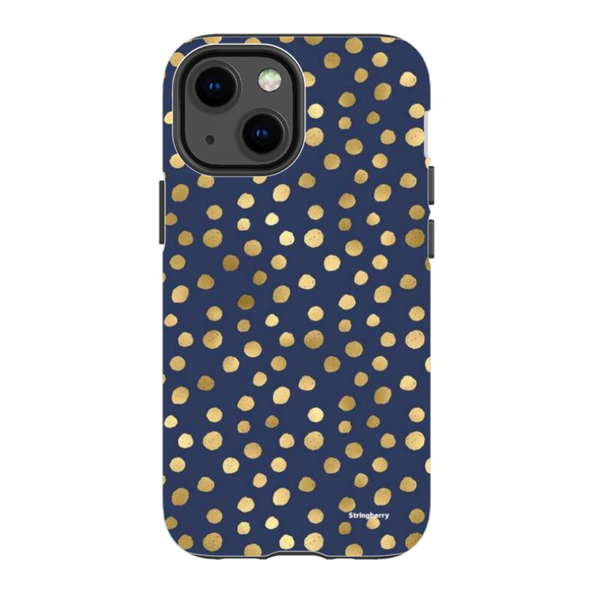 Navy blue iPhone tough case featuring a gold polka dot pattern with a durable dual-layer design and precise camera cutout.