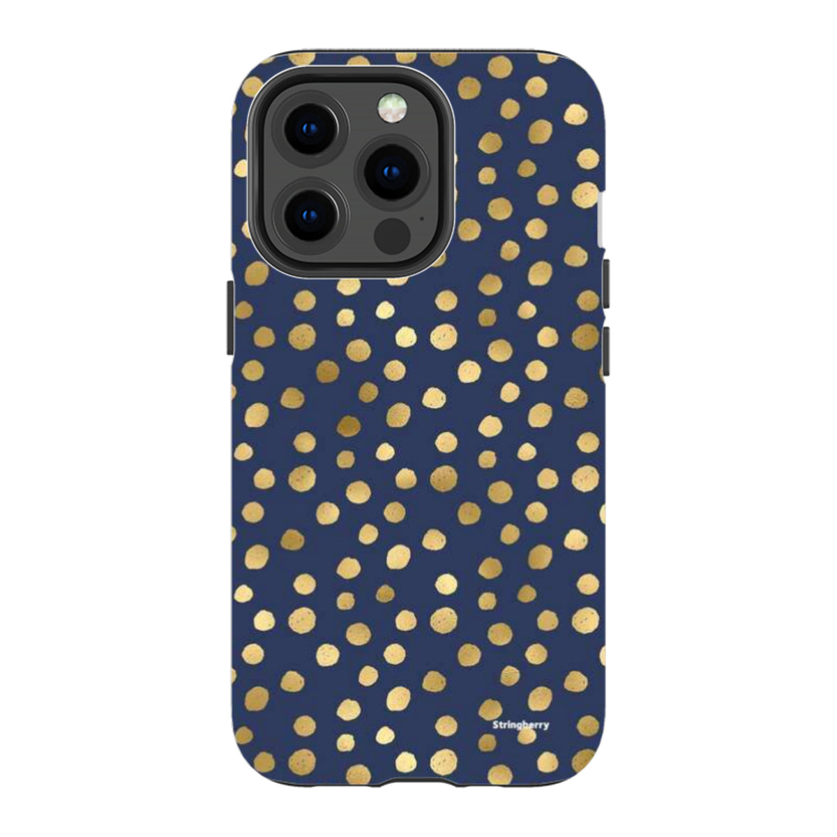 Navy blue iPhone tough case featuring a gold polka dot pattern and dual-layer protective design.