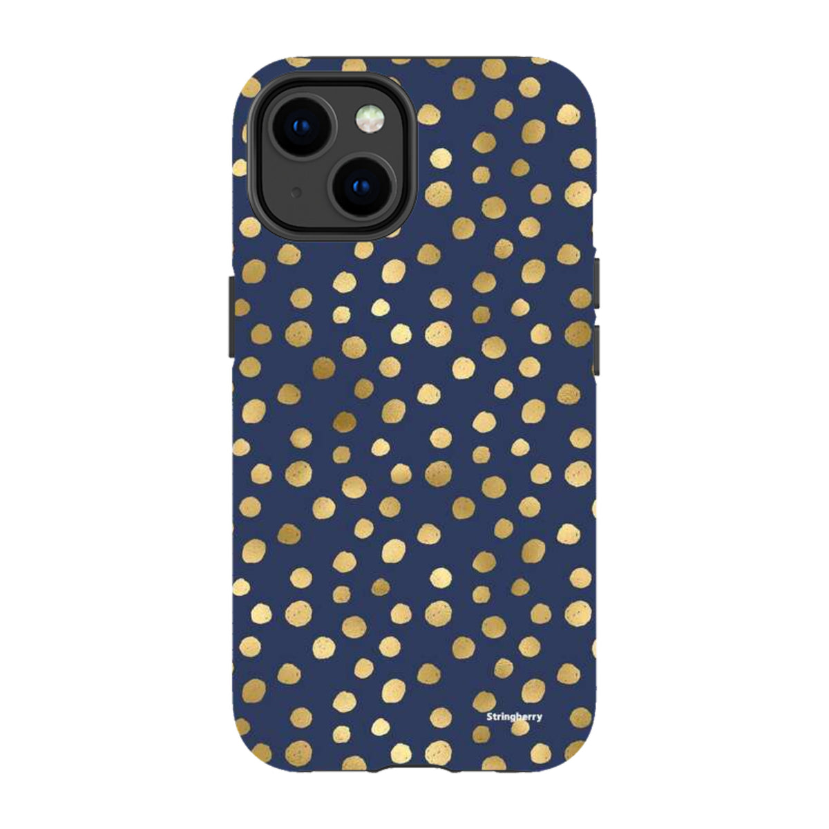 Navy blue iPhone tough case featuring a gold polka dot pattern with a dual-layer protective design.