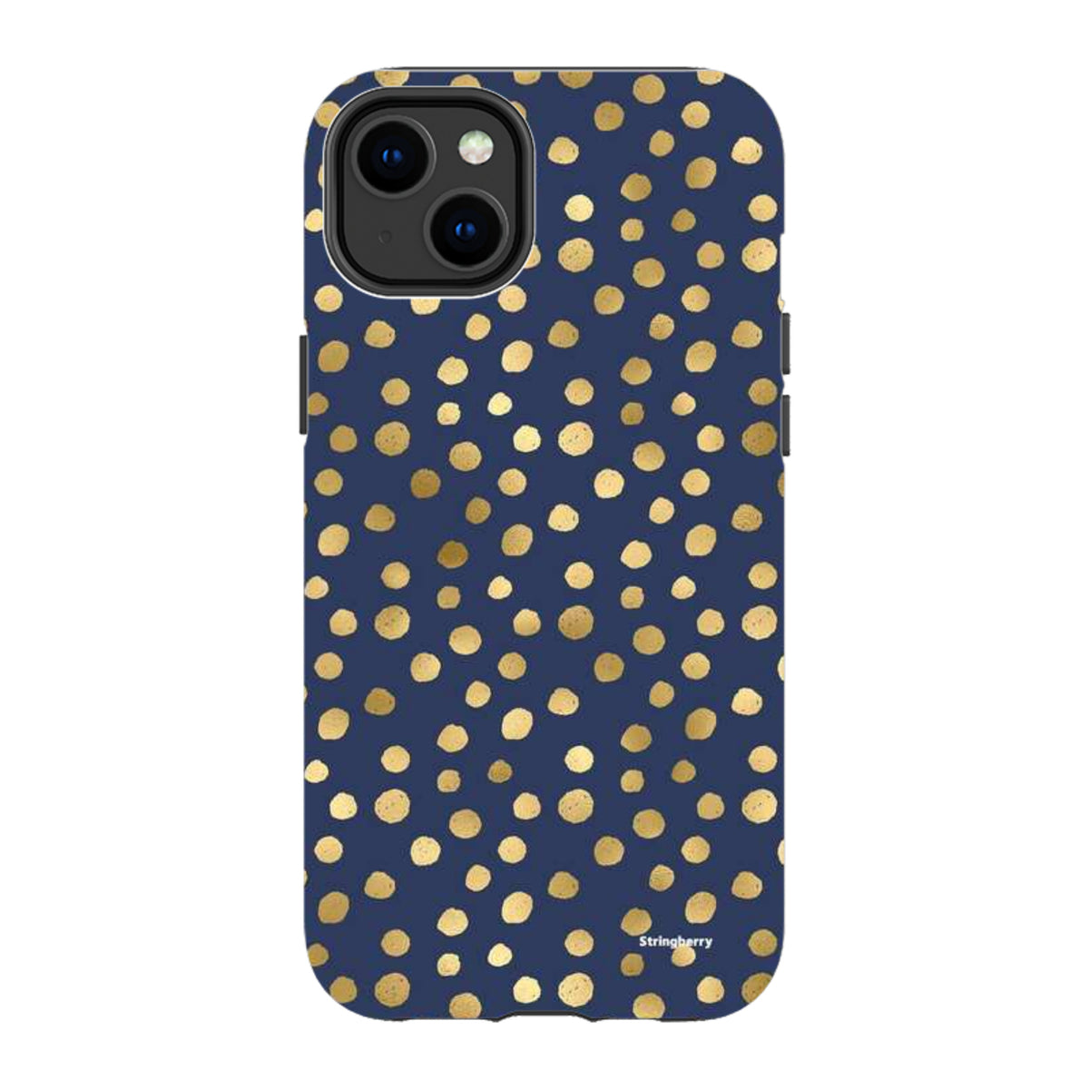 Navy blue iPhone tough case featuring a gold polka dot pattern with dual-layer protection and precise camera cutouts.