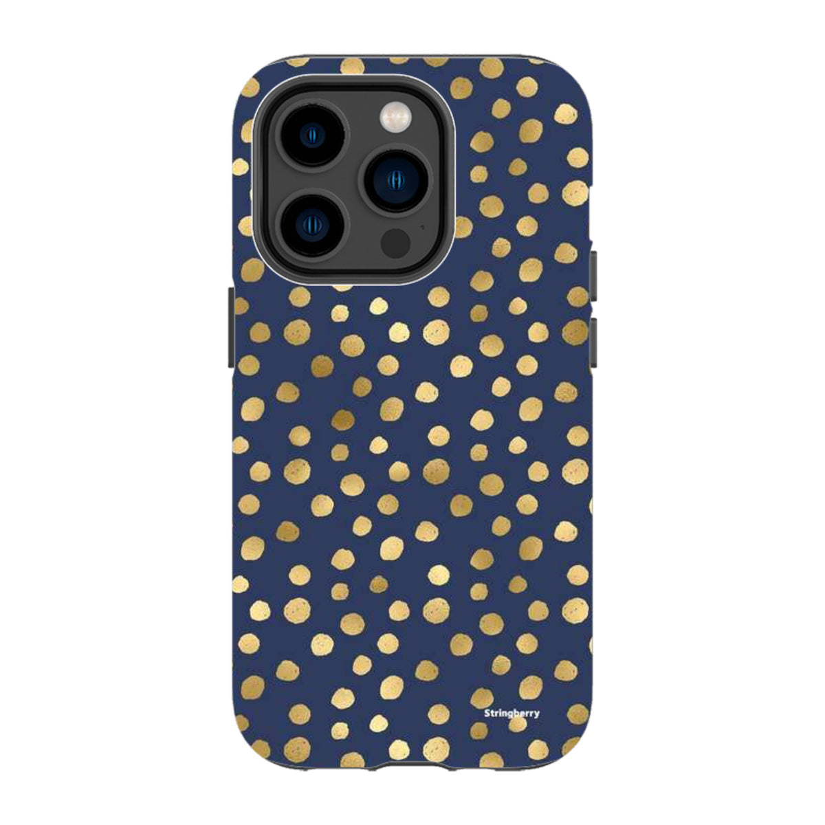 Navy blue iPhone tough case featuring a gold polka dot pattern and dual-layer protective design with camera cut-outs.