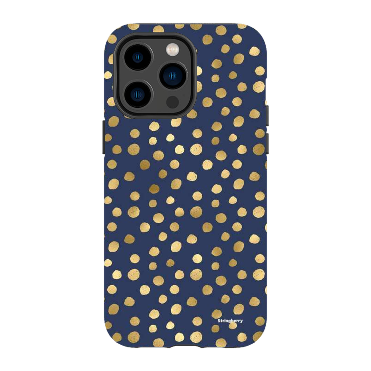 Navy blue iPhone tough case featuring a gold polka dot pattern with a durable dual-layer design and camera cut-out.