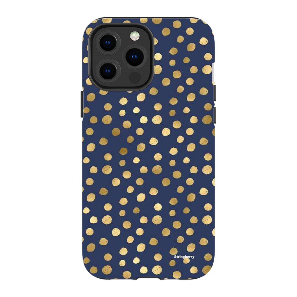 Navy blue iPhone tough case featuring a gold polka dot pattern with a durable dual-layer design and camera cut-out.