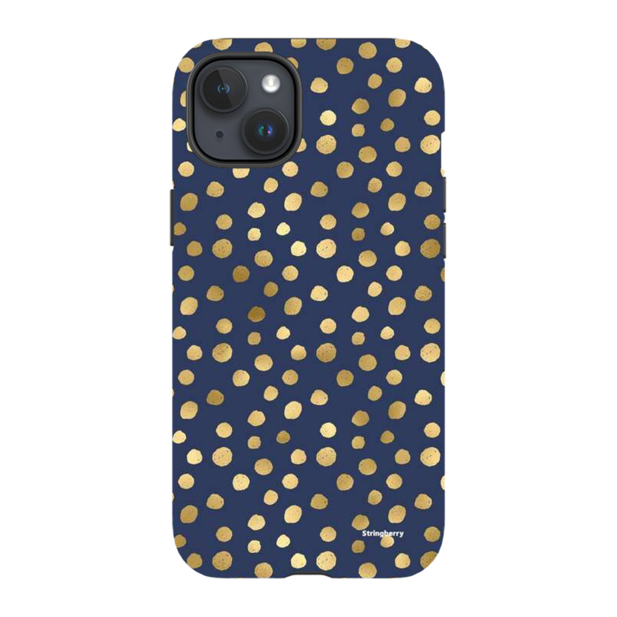 Navy blue iPhone tough case featuring a gold polka dot pattern with a dual-layer protective shell and precise camera cutout.