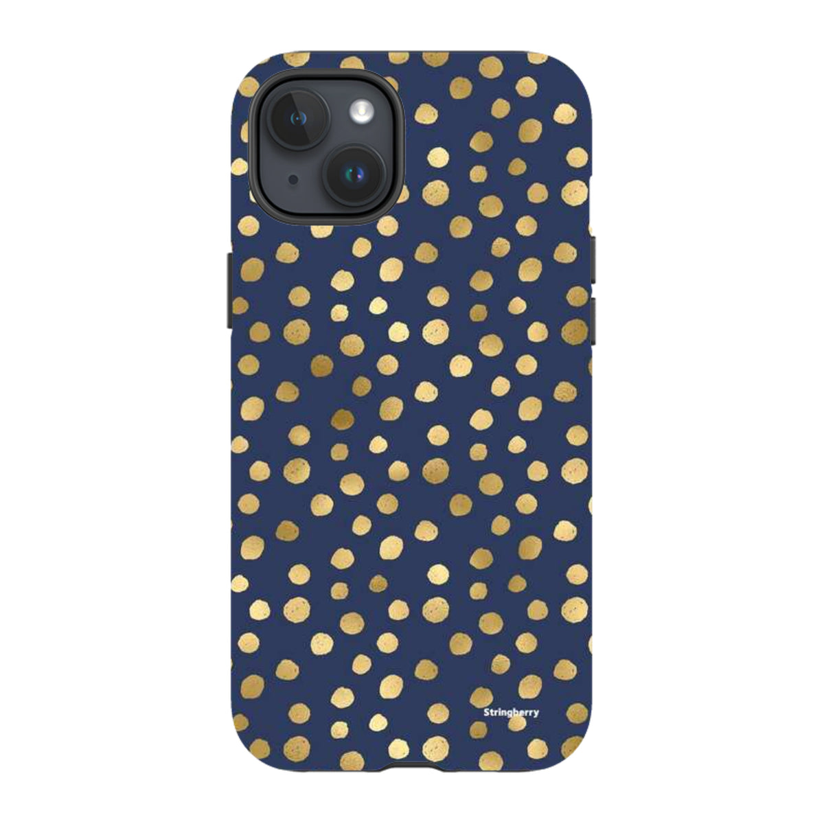 Navy blue iPhone tough case featuring a gold polka dot pattern with a durable dual-layer design and precise camera cutout.