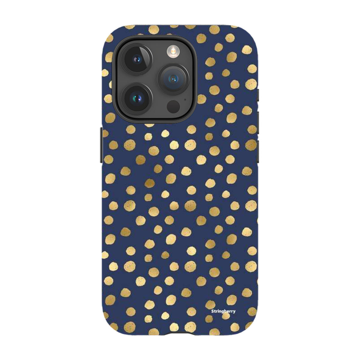 Navy blue iPhone tough case featuring a gold polka dot pattern with a durable dual-layer design and camera protection.