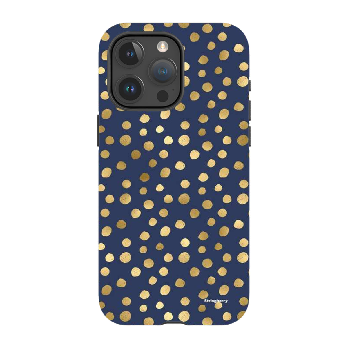 Navy blue iPhone tough case featuring a gold polka dot pattern with a durable dual-layer design and camera protection.