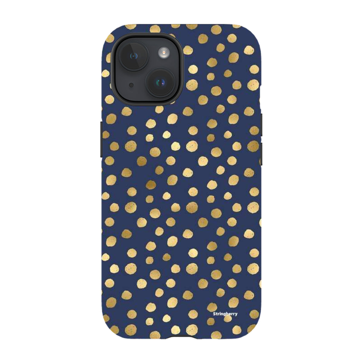 Navy blue iPhone tough case featuring a gold polka dot pattern with a durable dual-layer design and precise camera cut-out.