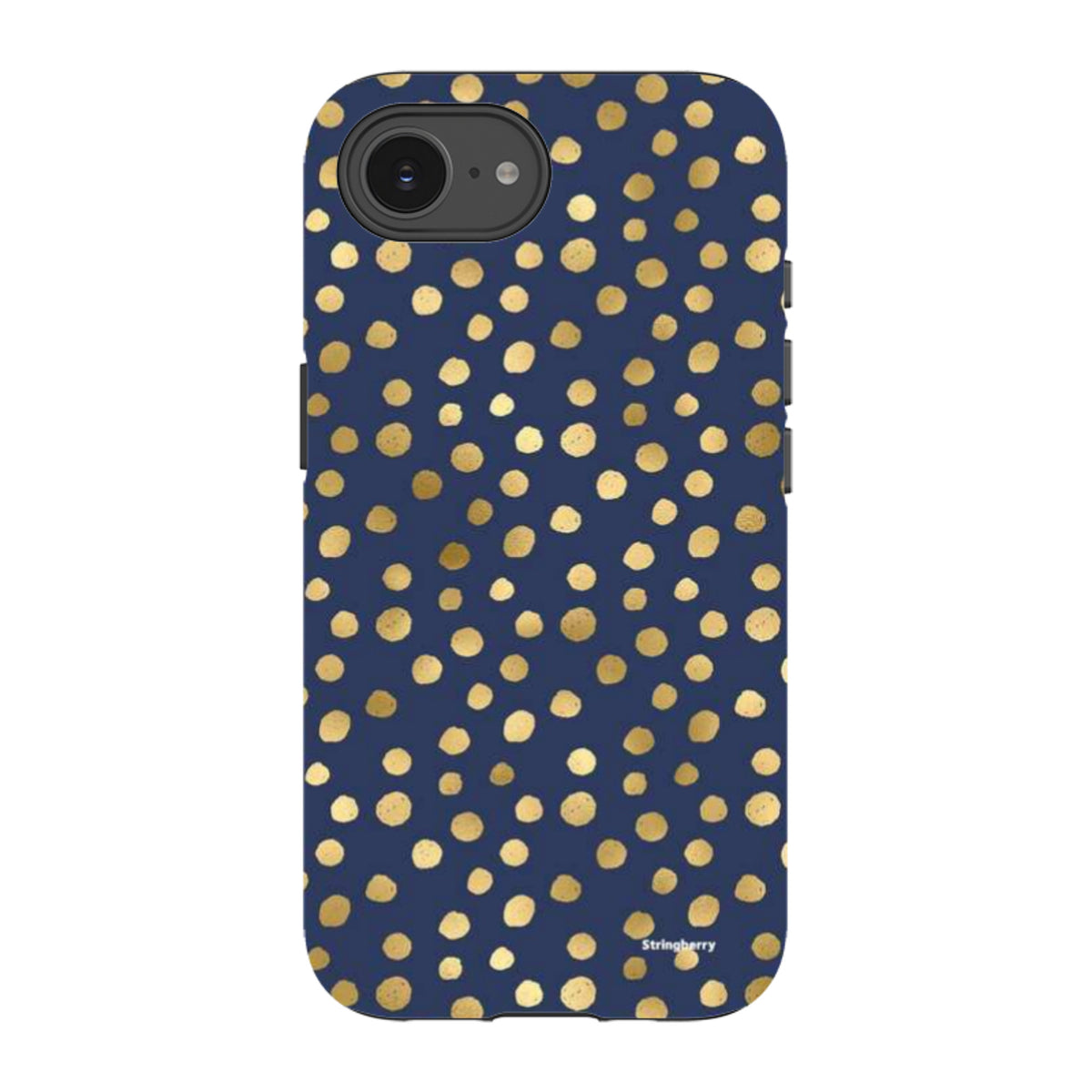 Navy blue iPhone tough case featuring a high-definition gold polka dot pattern with a durable dual-layer design.