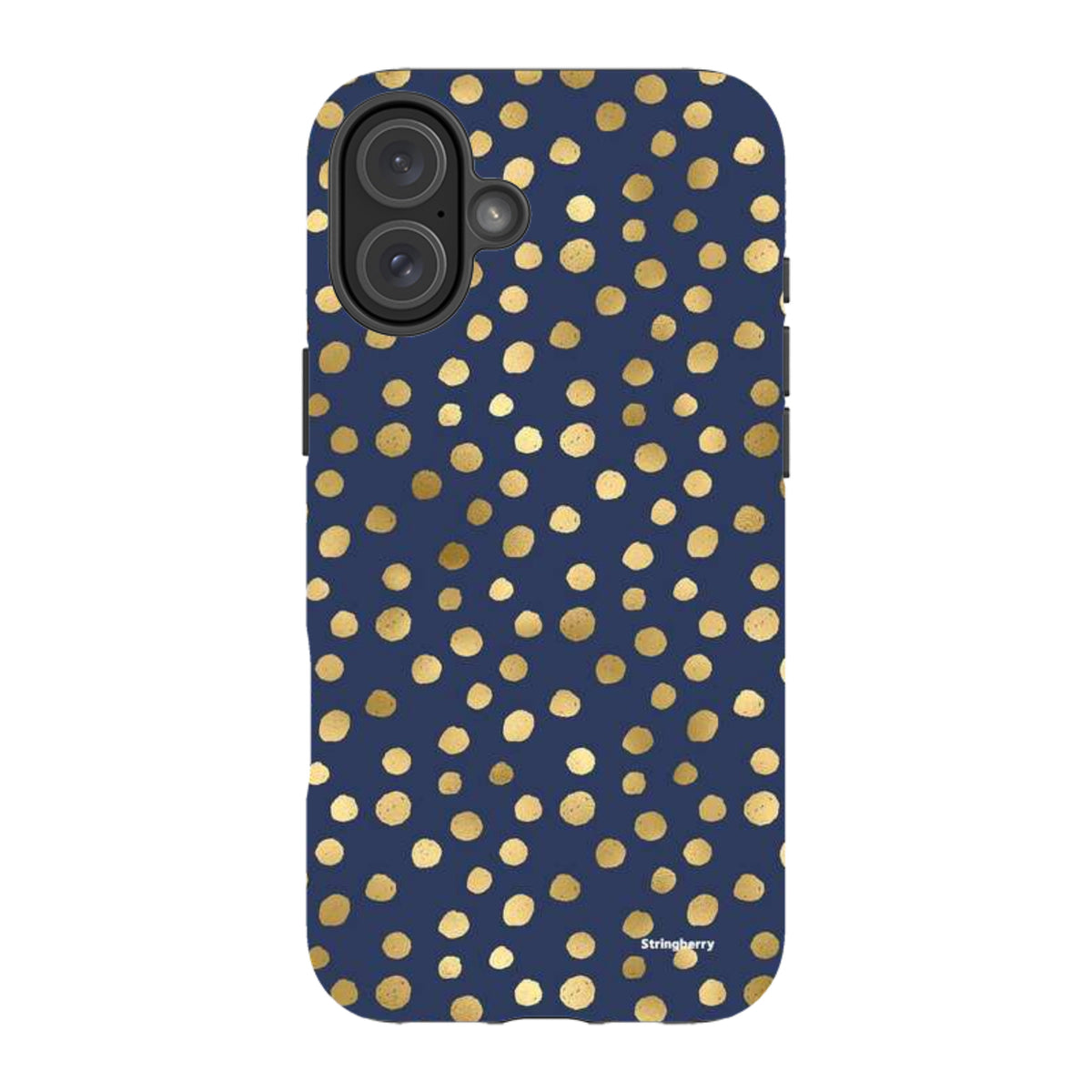 Navy blue iPhone tough case featuring a gold polka dot pattern and dual-layer protective design.