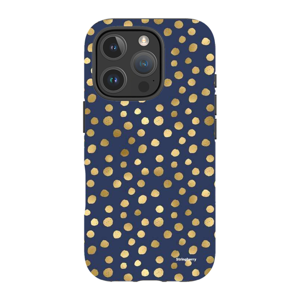 Navy blue iPhone tough case featuring a gold polka dot pattern with a durable dual-layer design and precise camera cutouts.