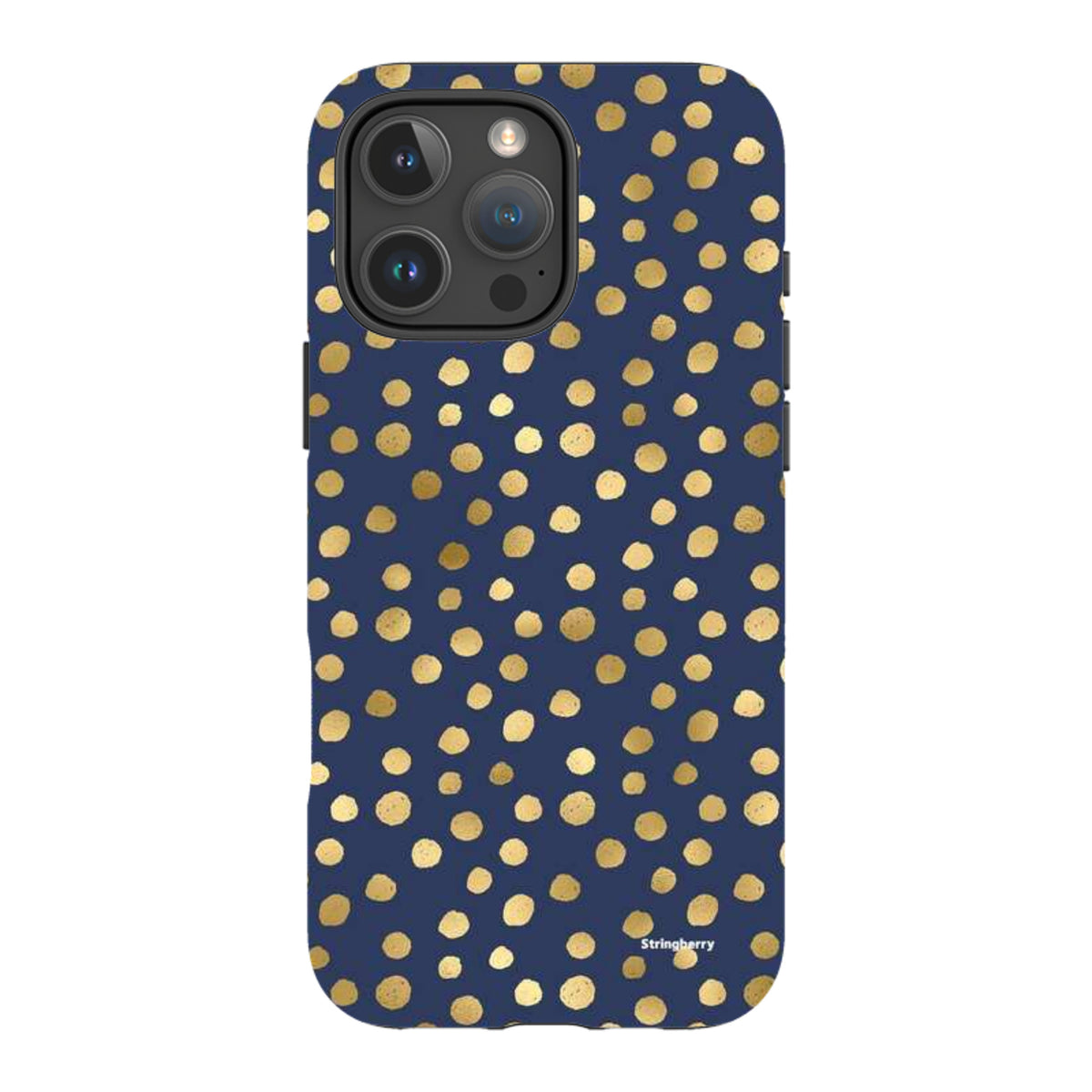 Navy blue iPhone tough case featuring a gold polka dot pattern with a durable dual-layer design and camera protection.