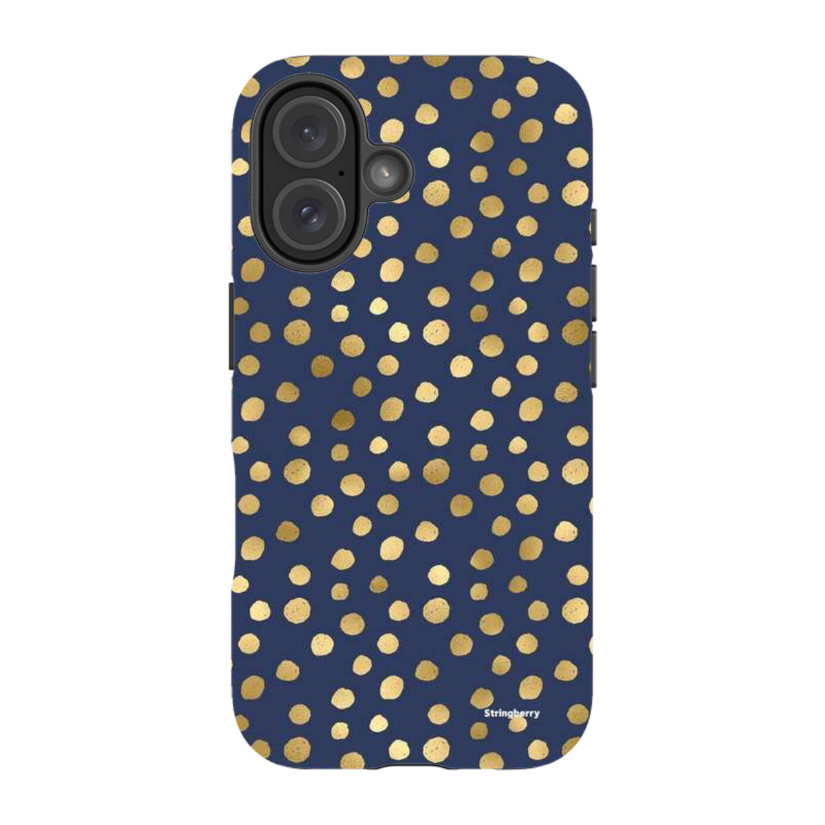Navy blue iPhone tough case featuring a gold polka dot pattern with dual-layer protection and precise camera cutouts.