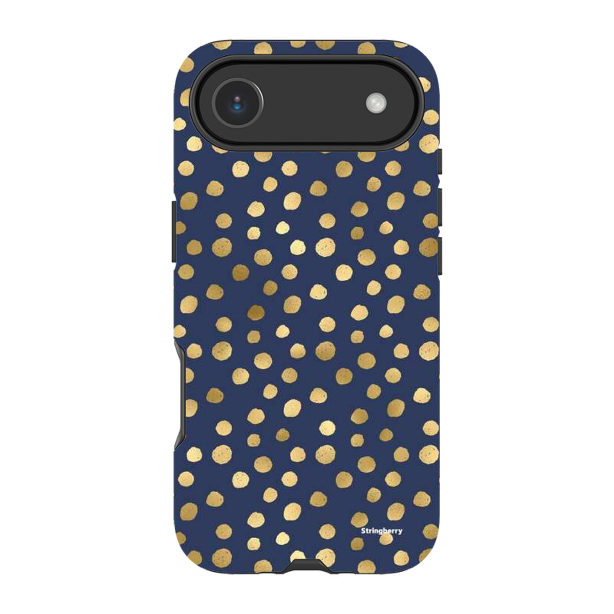 Navy blue iPhone tough case featuring a gold polka dot pattern with a durable dual-layer design and raised camera protection.