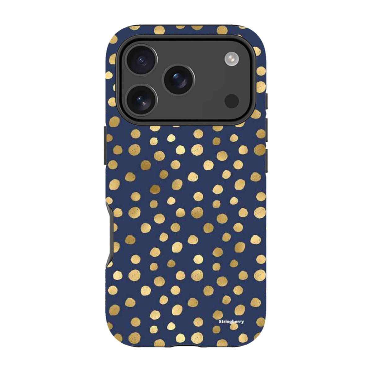 Navy blue iPhone tough case featuring a gold polka dot pattern with a durable dual-layer design and raised camera protection.