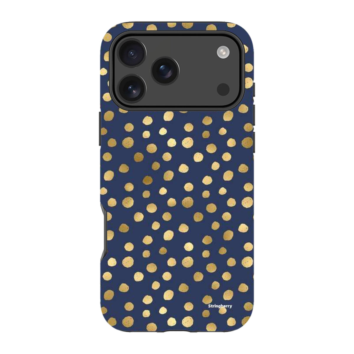 Navy blue iPhone tough case featuring a gold polka dot pattern with a durable dual-layer design and camera protection.