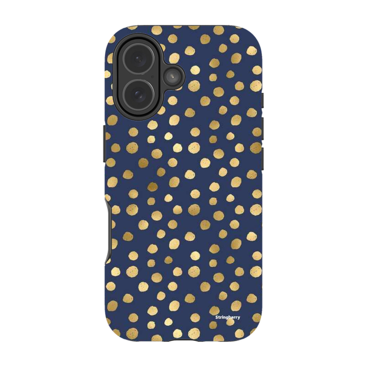 Navy blue iPhone tough case featuring a gold polka dot pattern and dual-layer protective design.