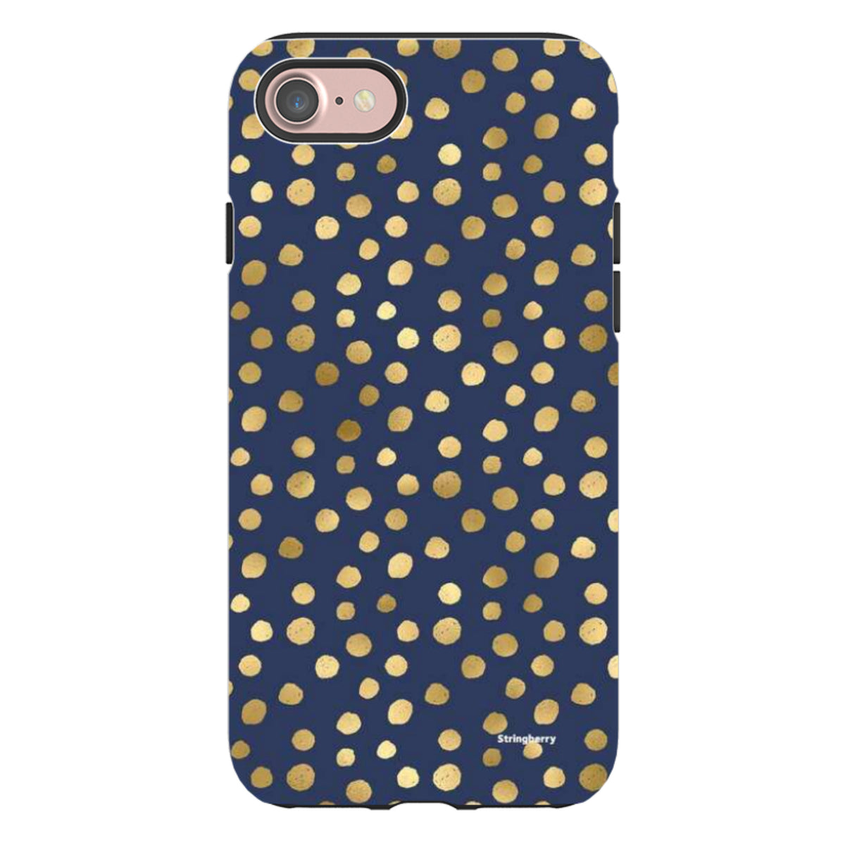 Navy blue iPhone tough case featuring a gold polka dot pattern with a durable dual-layer protective design.