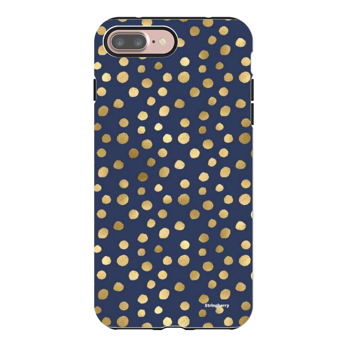 Navy blue iPhone tough case featuring a gold polka dot pattern and a durable dual-layer protective design.