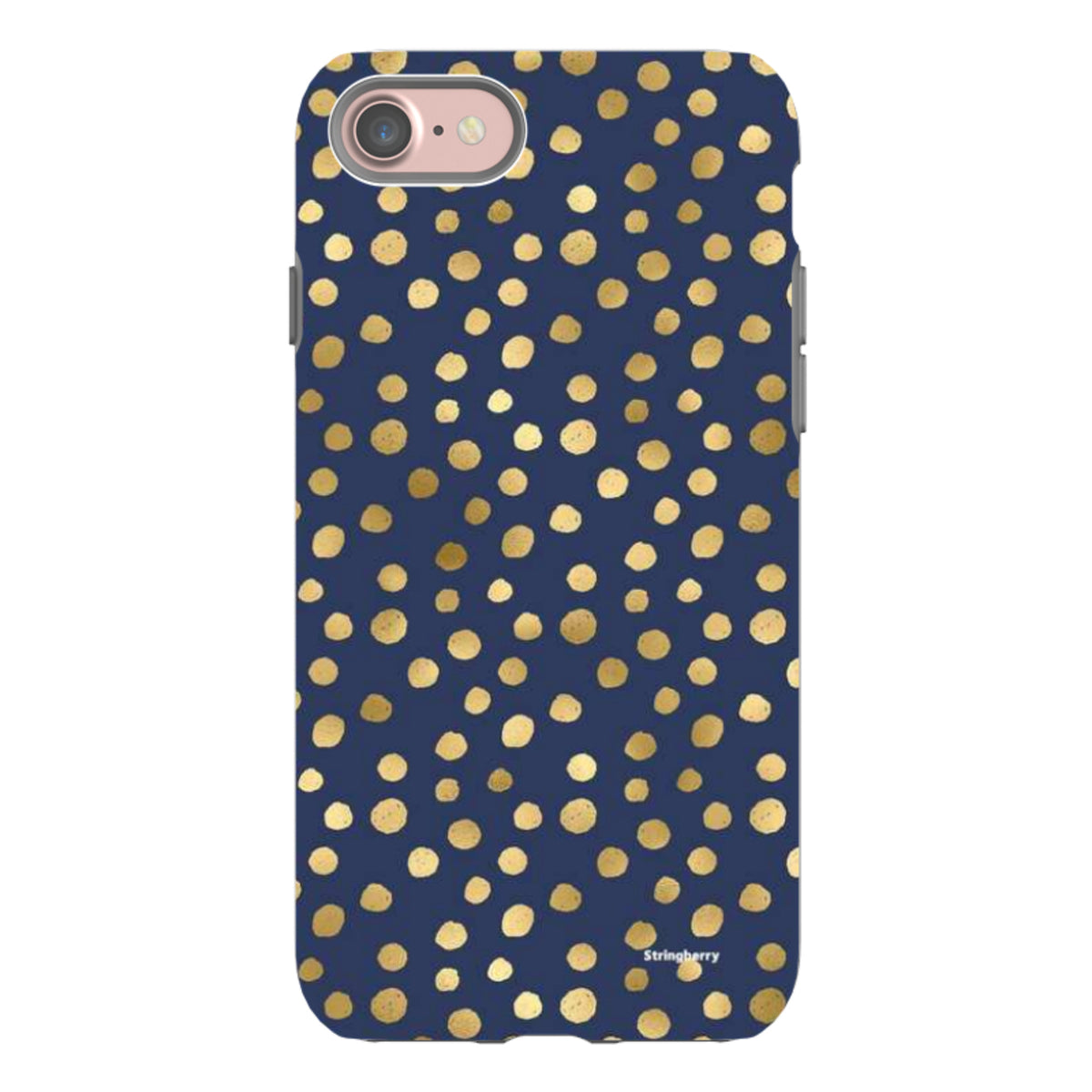 Navy blue iPhone tough case featuring a gold polka dot pattern with a durable dual-layer design and precise camera cutout.