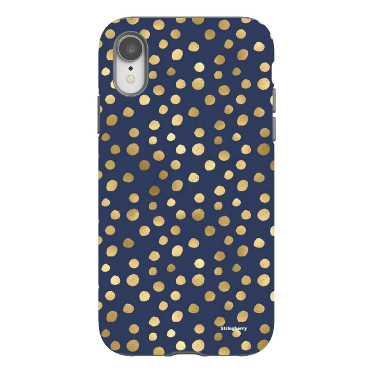 Navy blue iPhone tough case featuring a gold polka dot pattern with a durable dual-layer design and camera cut-out.